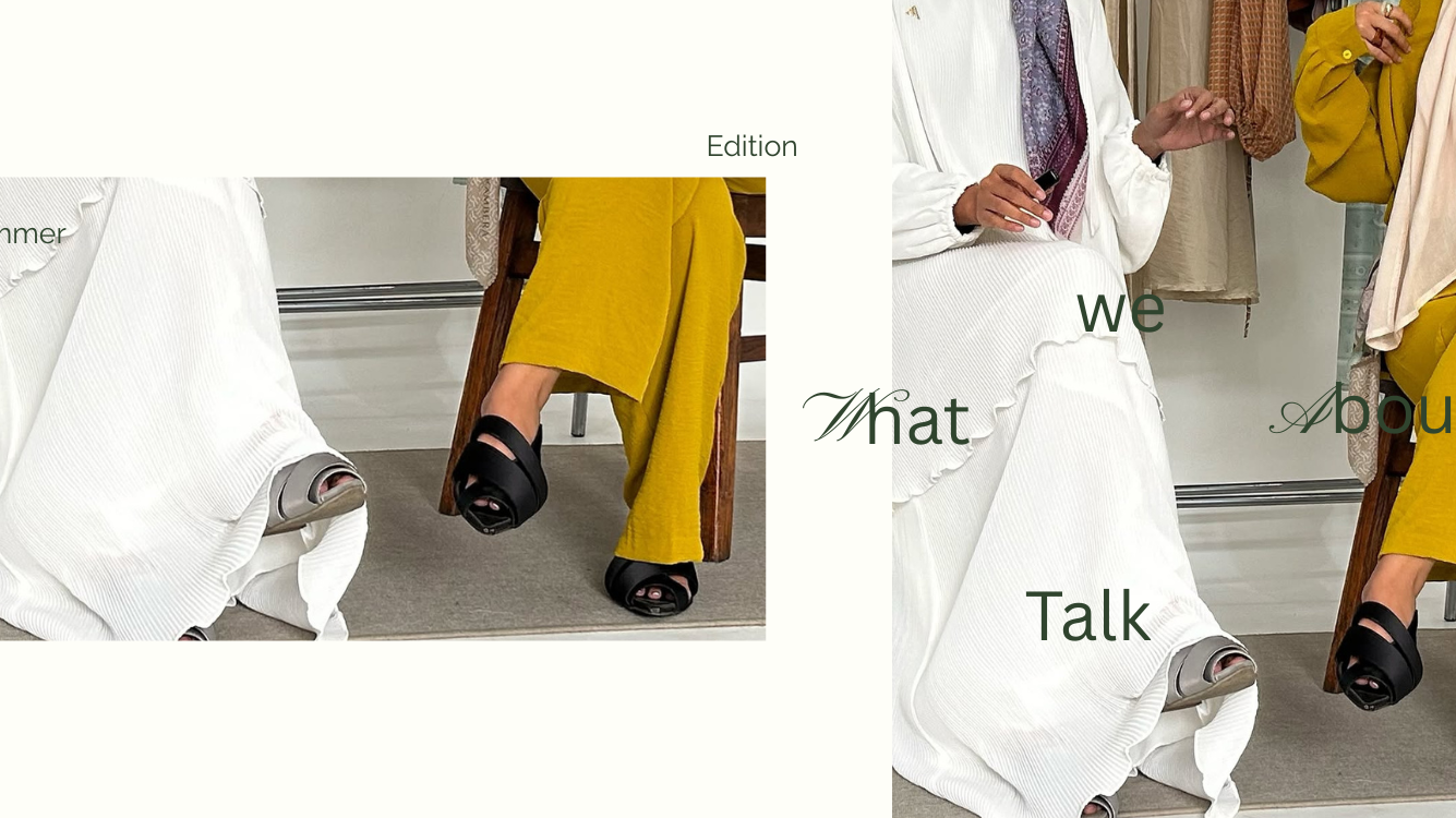 Two women in modest summer outfits with platform sandals, seated and styled text overlay: Summer Edition – What We Talk About.