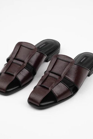 Pair of brown mules sandal by Cekhas on a white background