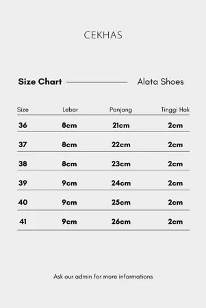 Size chart for Alata Shoes by Cekhas on a white background