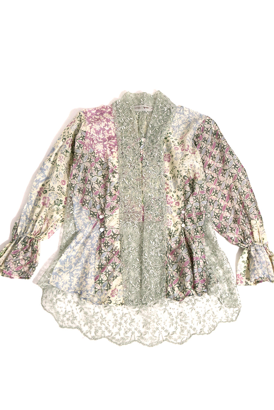 A traditional kebaya blouse by Kartinis Label featuring long sleeves, batik pattern, and beaded lace detailing with a multicolor palette.