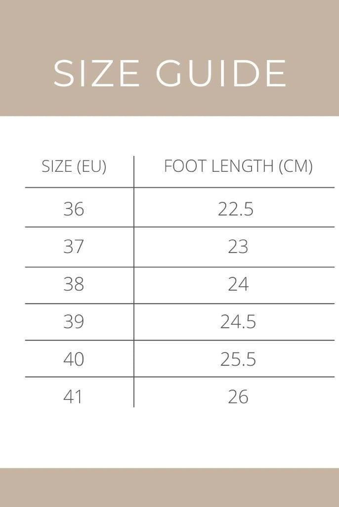 Size guide chart for Cajsa Aoki Champagne flat shoes with size EU and foot length in centimeters on a beige background