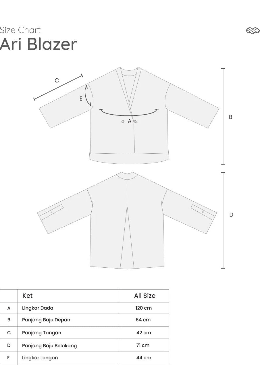 Size chart for Ari Blazer by Mistyvori with measurements on a white background