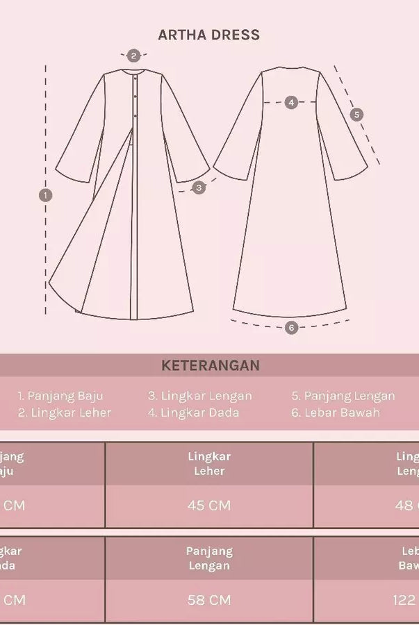 Measurement chart for Artha Dress by Lozy Hijab on a light pink background