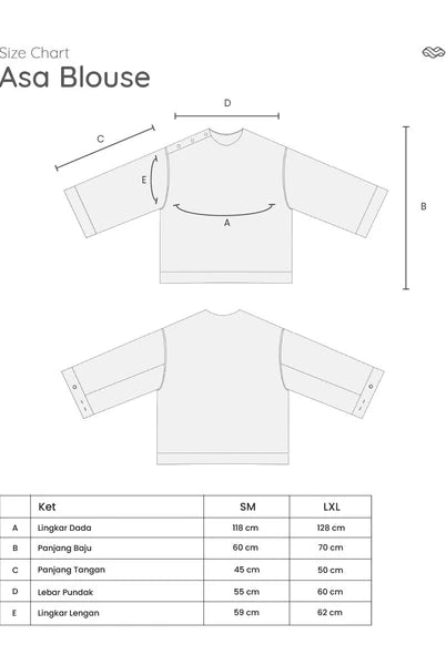 Size chart for Asa Blouse by Mistyvori with measurements on a white background