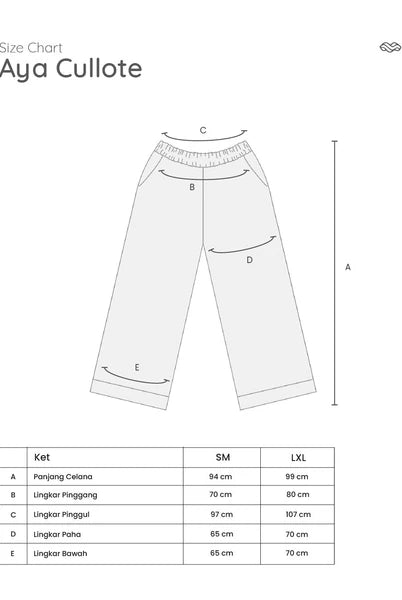 Size chart for Aya Cullote pants by Mistyvori with measurements on a white background.
Tabel ukuran untuk celana Aya Cullote oleh Mistyvori dengan ukuran pada latar belakang putih.