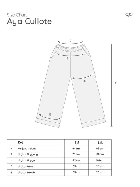 Size chart for Aya Cullote pants by Mistyvori with measurements on a white background.
Tabel ukuran untuk celana Aya Cullote oleh Mistyvori dengan ukuran pada latar belakang putih.
