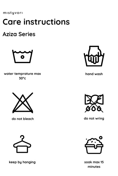 Care instructions for Aziza Series by Mistyvori products with various symbols on a white background