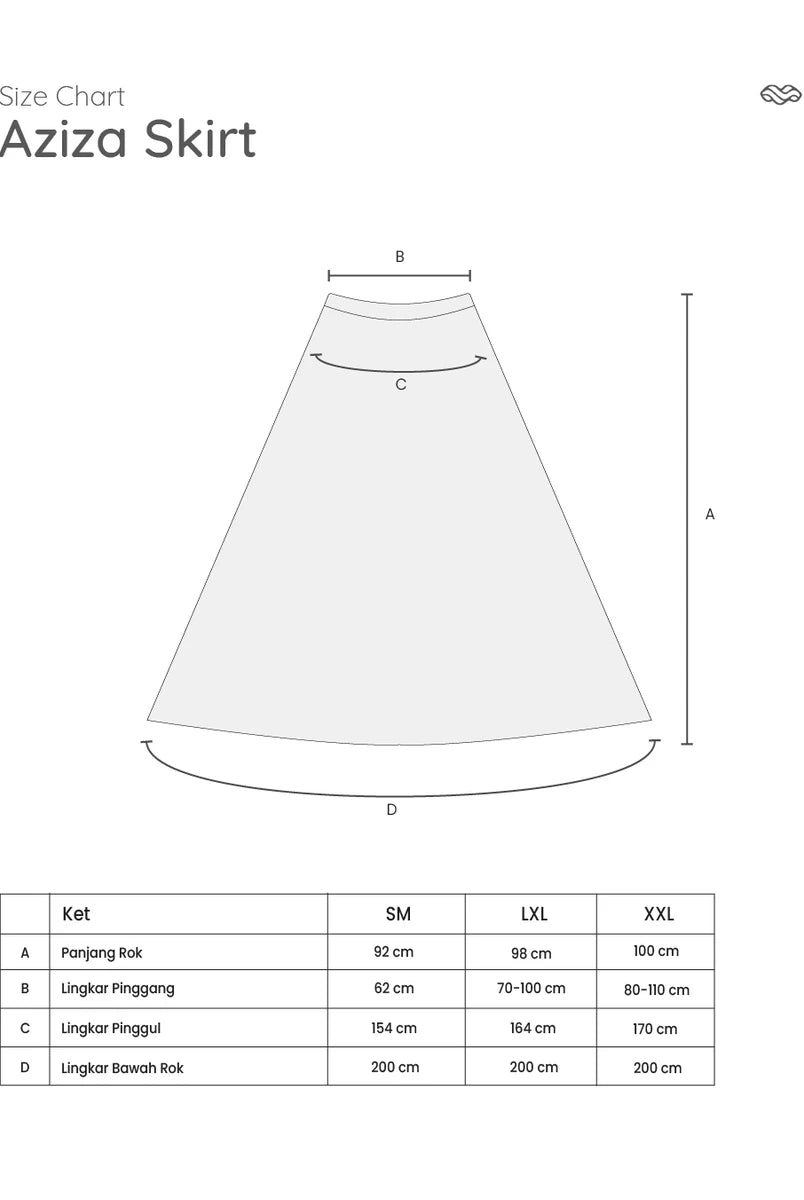 Size chart for Aziza Skirt by Mistyvori with measurements on a white background