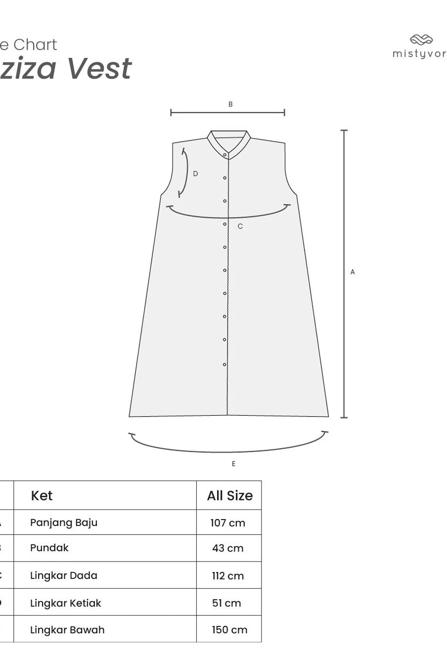 Size chart for Aziza Vest with measurements in centimeters