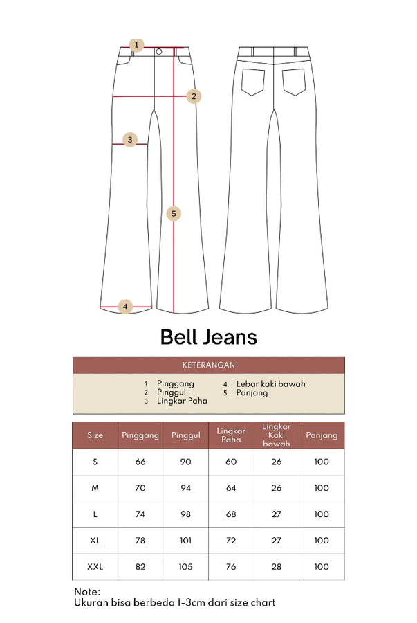 A size chart and measurement diagram for Atala Bell Jeans, showing front and back pant illustrations with numbered measurement points and a size table from S to XXL on a white background. The brand name atala appears in the top right.