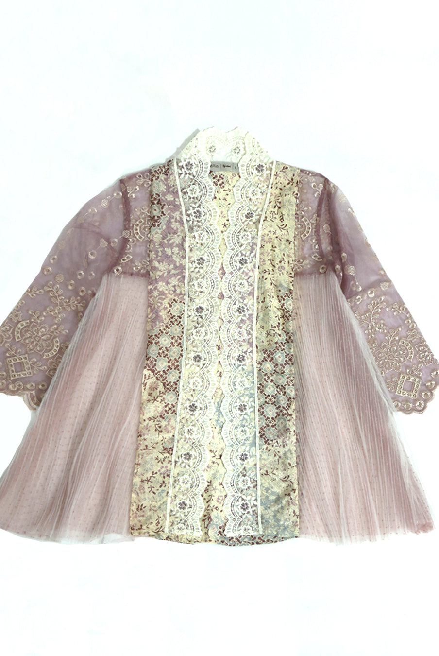 A traditional Indonesian kebaya dress by Kartinis Label featuring long sleeves, organza pleats, and lace details, primarily in a light color with decorative patterns.