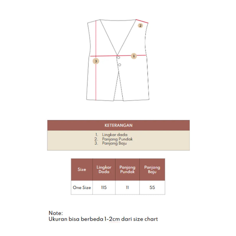 Measurement chart for a button vest from Atala Scarves with size dimensions on a white background