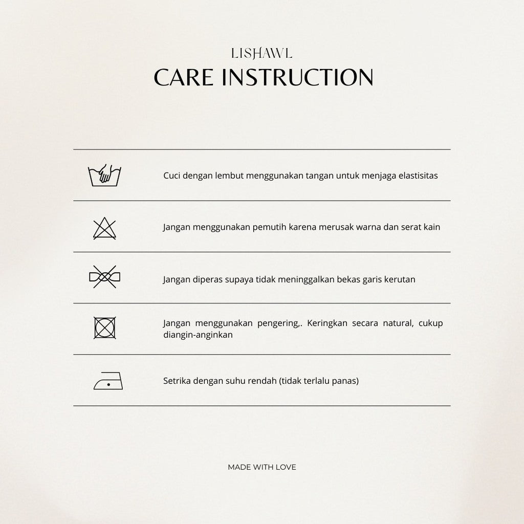 Care instruction sheet for Lishawl by BWBYAZ with icons and text on a light background