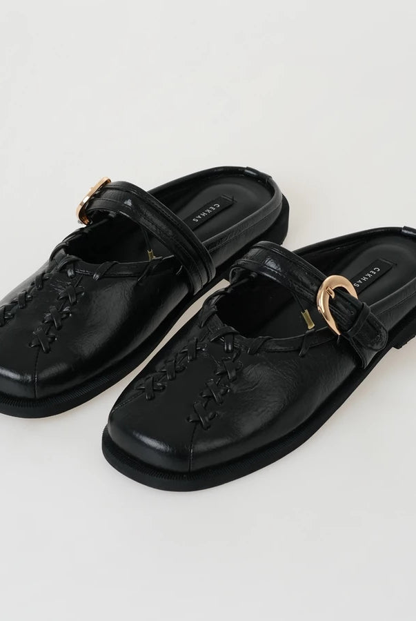 Pair of black mules sandals by Cekhas with gold buckles on a white background