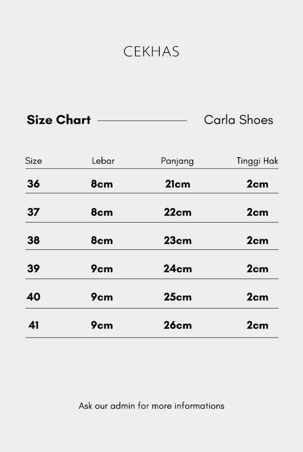 Size chart for Carla Shoes by Cekhas on a white background