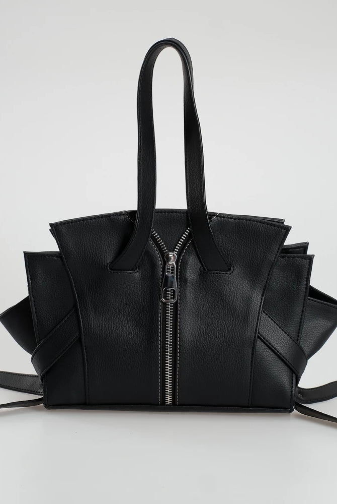 Black leather handbag with unique design by Cekhas on a white background