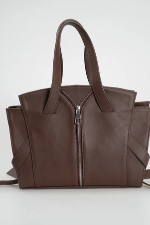 Brown leather handbag with unique design by Cekhas on a white background