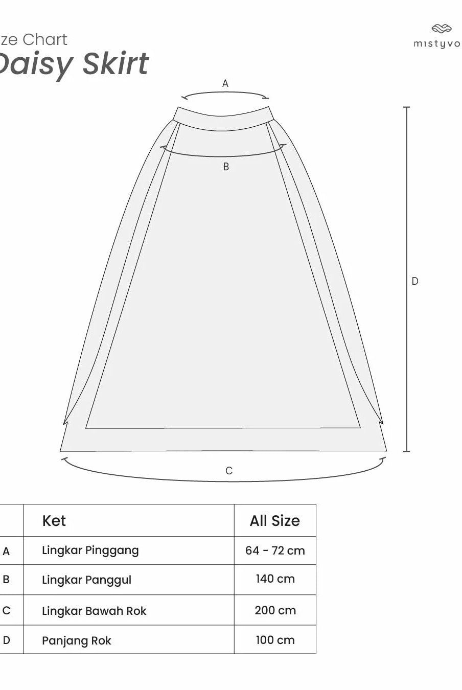 Size chart for Daisy Skirt by Mistyvori with dimensions labeled