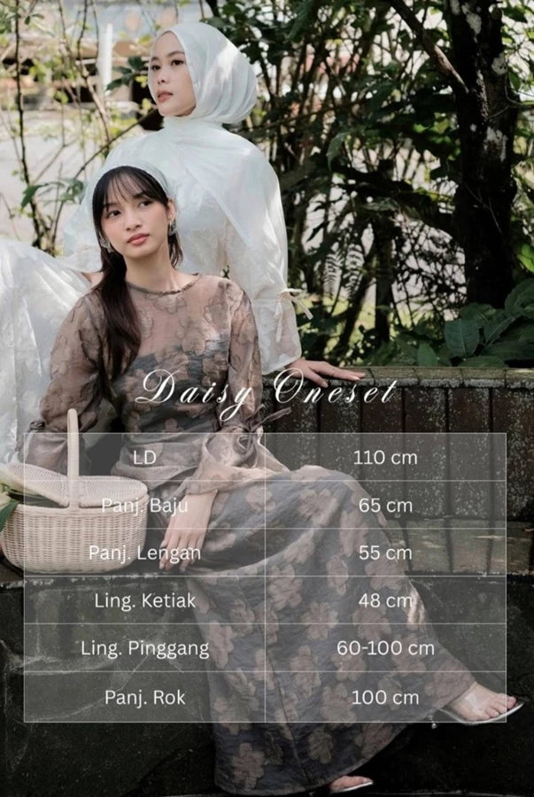 Two women in Daisy Oneset by Renaette sitting outdoors with measurement details overlayed.