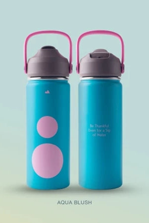 Two blue water bottles with pink accents from Muhajir Project on a gradient background