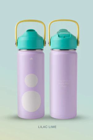 Two purple water bottles with teal lids from Muhajir Project on a gradient background
