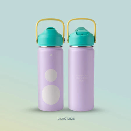 Two purple water bottles with teal lids from Muhajir Project on a gradient background