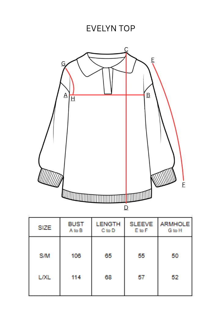Measurement diagram for an Evelyn Knit Top by Hijabchic, showing a line drawing of the garment with red measurement guides and a size chart table below with bust, length, sleeve, and armhole measurements for S/M and L/XL.