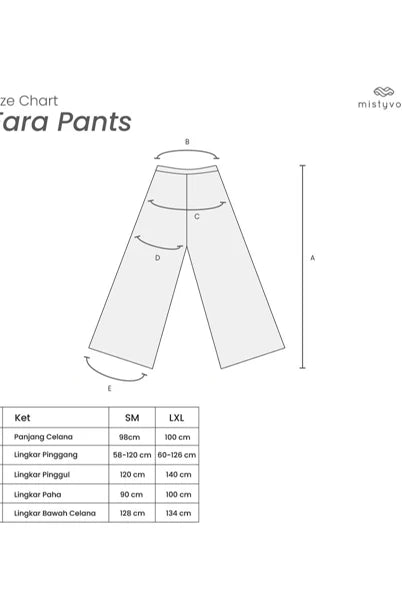 Size chart for Fara Pants by Mistyvori with measurements on a white background