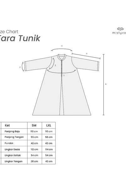 Size chart for Fara Tunik with measurements on a white background