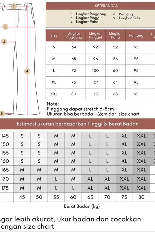 Pants with size chart and measurement guide on a white background