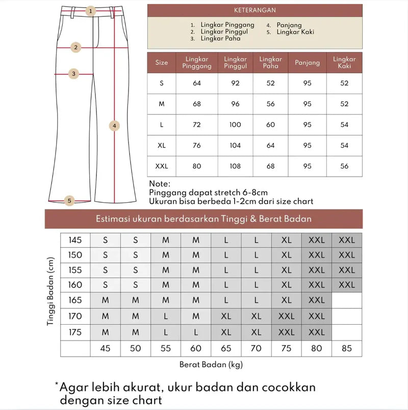 Pants with size chart and measurement guide on a white background