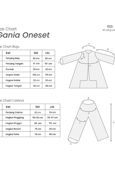 Size chart for Gania Oneset by Mistyvori with illustrations of outfit and measurements.