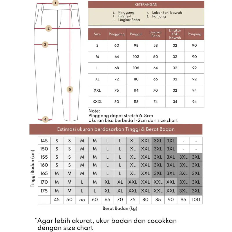 Gemma pants size chart with measurements and height-weight chart for clothing fit.