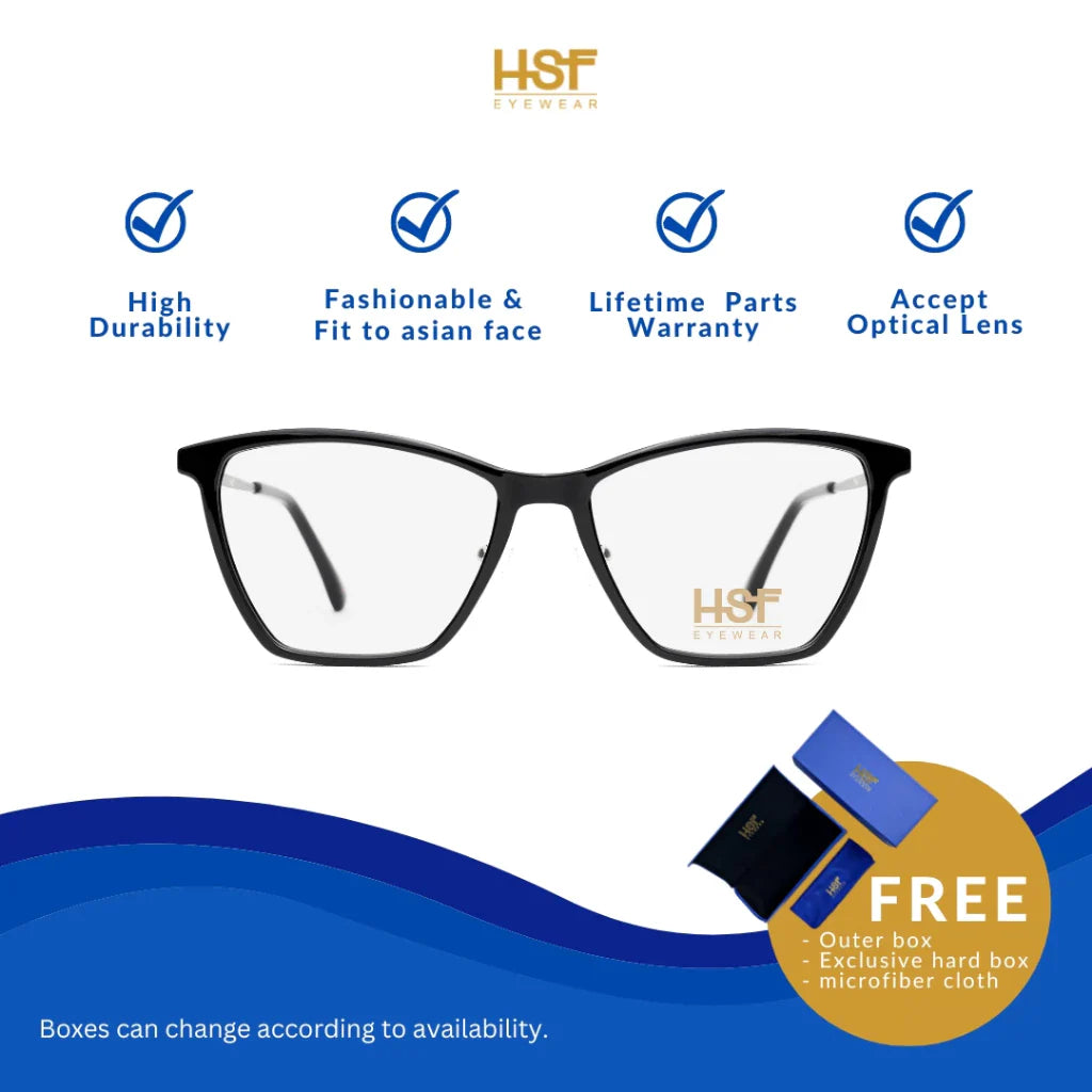 HSF Eyewear Lexa – stylish black square-frame eyeglasses designed for high durability and a comfortable fit for Asian face shapes. Compatible with optical lenses and includes a lifetime parts warranty. Comes with an outer box, exclusive hard case, and microfiber cleaning cloth.