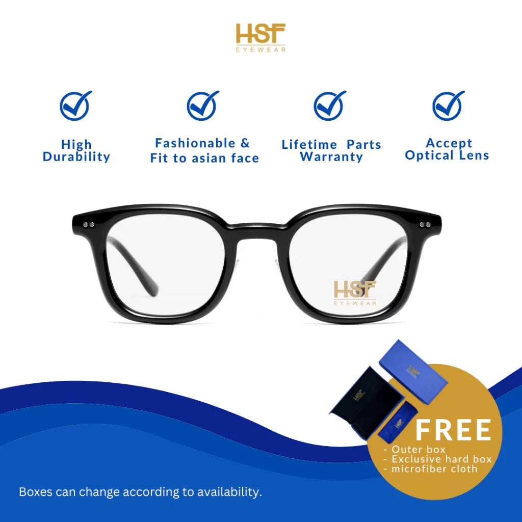 HSF Eyewear Nebula – round-frame glasses made from high-quality acetate. Stylish and durable, designed to fit Asian face shapes. Compatible with optical lenses and backed by a lifetime parts warranty. Includes free outer box, hard case, and microfiber cloth.