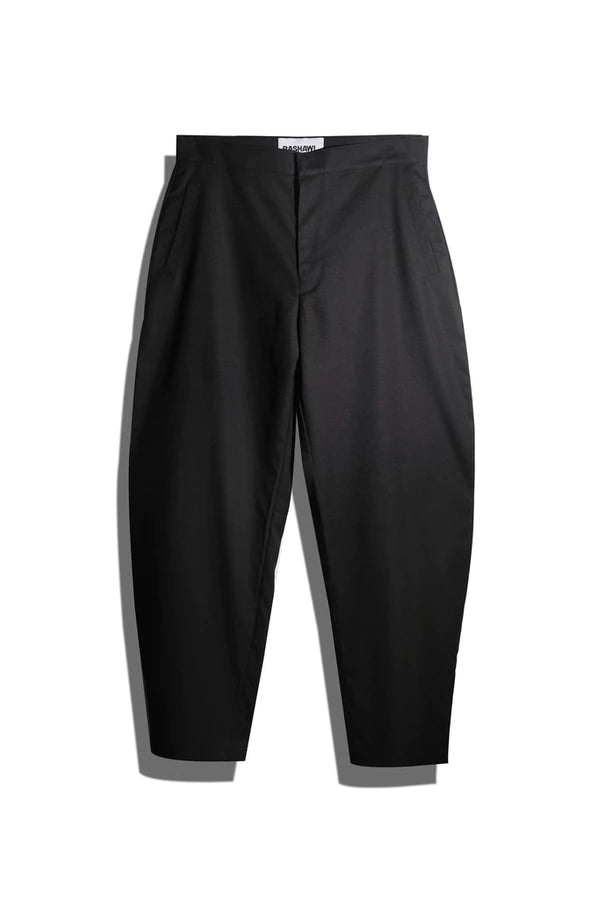 Black barrel pants by Rashawl on a white background