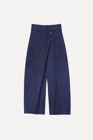 Navy blue striped Maima pants on a light gray background