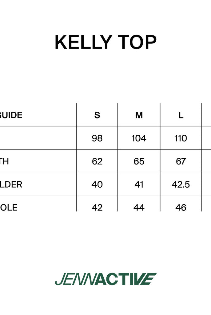 A size chart for the Kelly Top by Jennactive from Jenna & Kaia, showing measurements in centimeters for sizes S, M, L, and XL, including bust, length, shoulder, and armhole. The chart is presented on a clean white background with black text and the green Jennactive logo at the bottom.