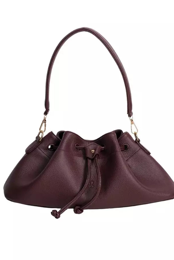 Burgundy shoulder bag with drawstring by Prior on a white background
