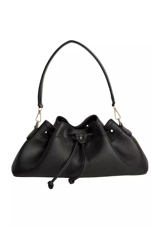 Black shoulder bag with gold studs and drawstring by Prior on a white background
