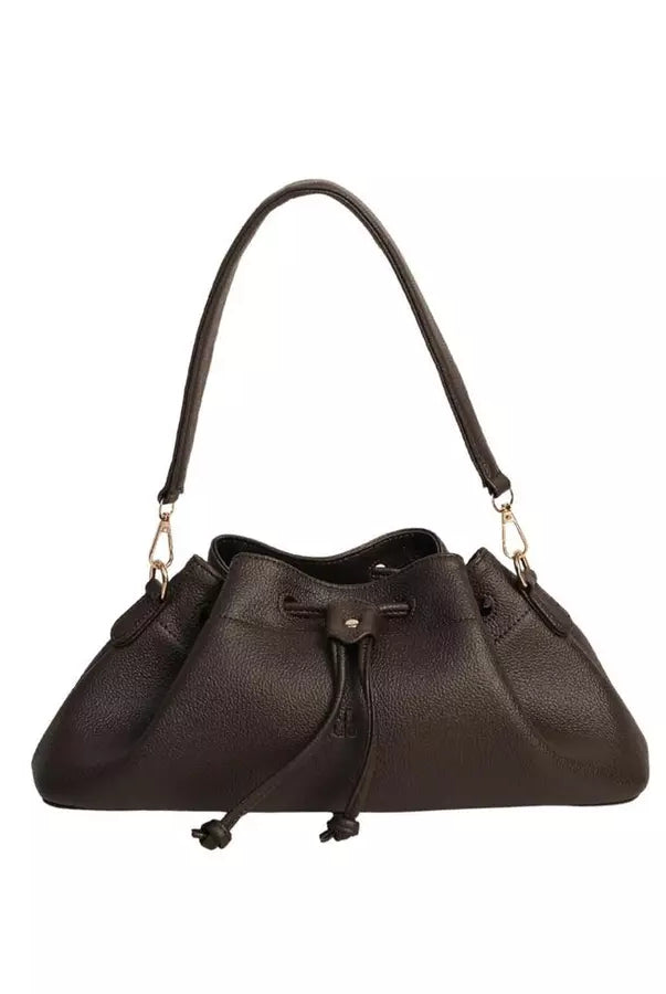 Dark brown shoulder bag with a drawstring by Prior on a white background