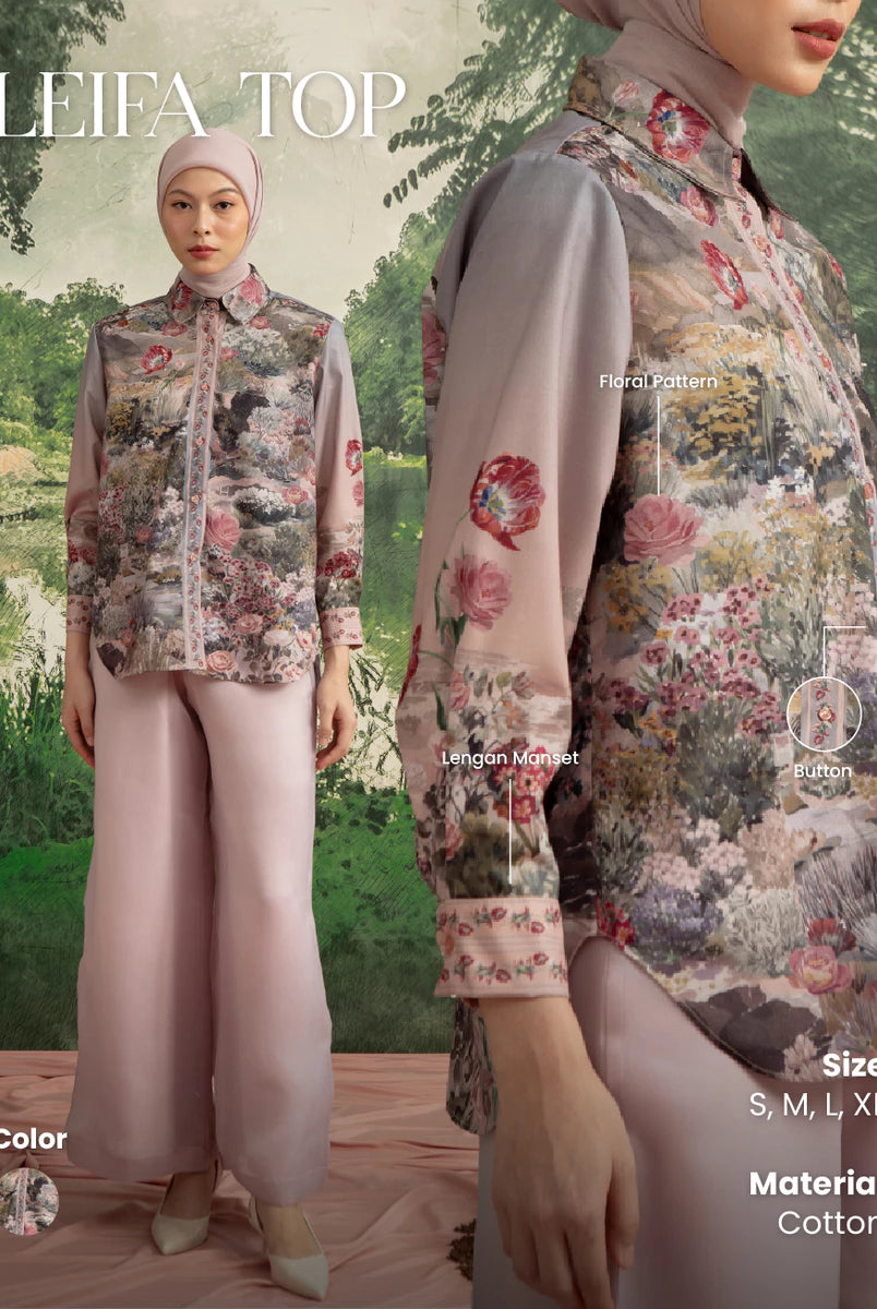 A promotional composite for a LEIFA TOP floral print shirt by Hijabchic and matching wide-leg pants. The left side shows a full-body view of a woman wearing the outfit, while the right side shows a close-up of the blouse fabric and print.