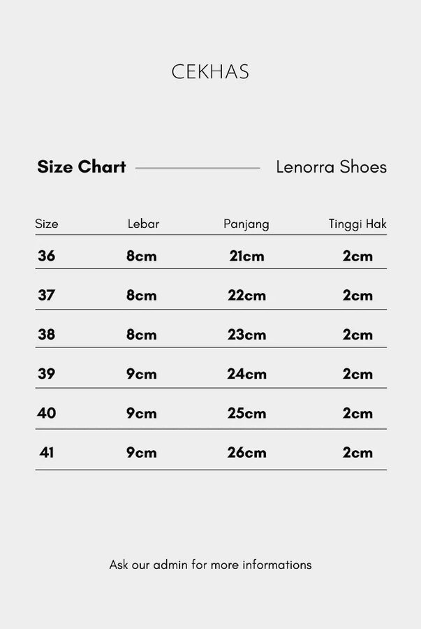 Size chart for Lenorra Shoes by Cekhas on a white background