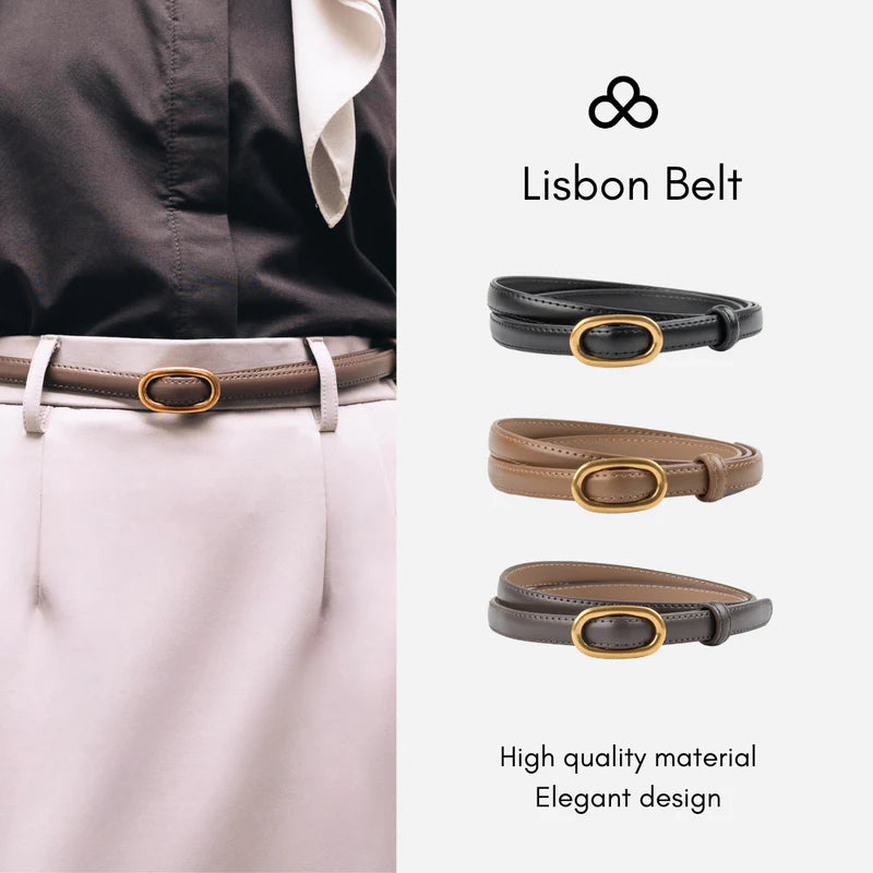 Lisbon Belt from Atala Scarves displayed on a person wearing a suit with additional belt options shown below.