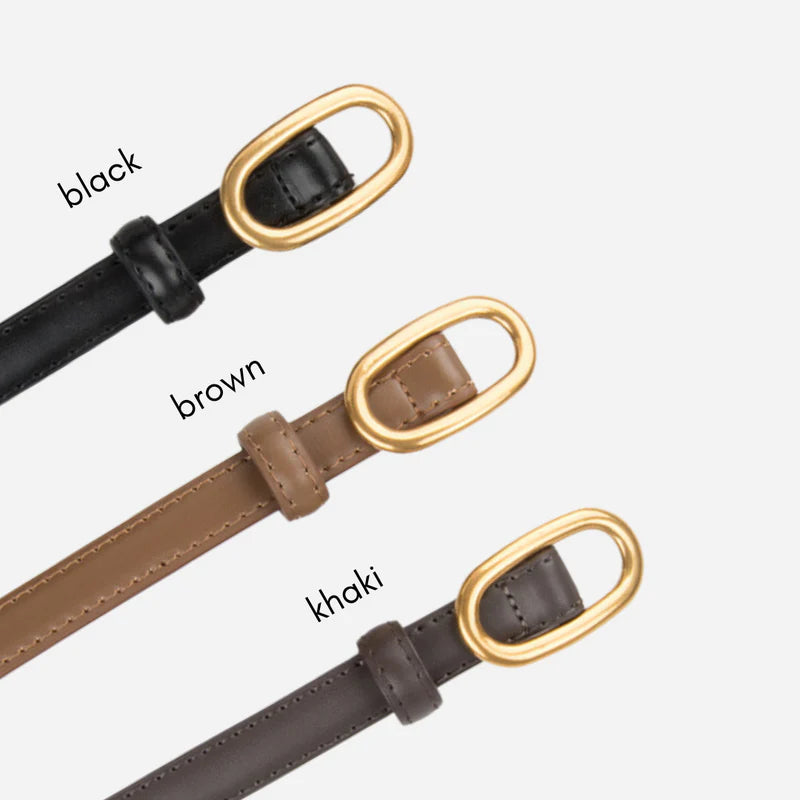 Three lisbon belts in black, brown, and khaki with gold rings from Atala Scarves on a white background.