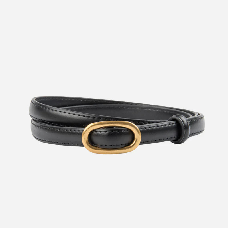 Black leather lisbon belt with a gold buckle from Atala Scarves on a white background