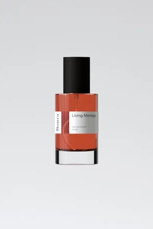 A bottle of Boura Living Montage perfume with a clear liquid visible inside, having a black cap and a white label.