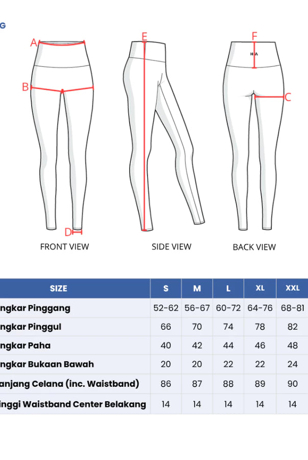 Measurement chart for Lumi Legging by HIA with front, side, and back views and size chart.