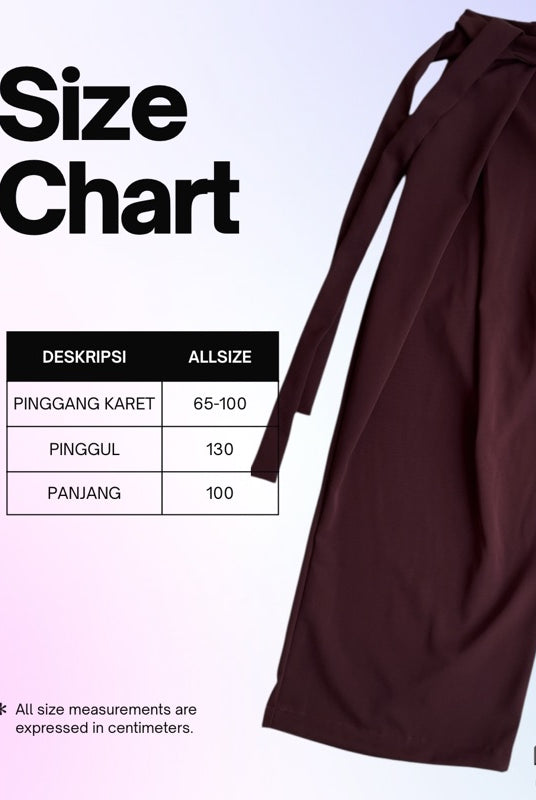 Brown culotte pants with size chart on a light purple background
Celana kulot berwarna cokelat dengan tabel ukuran pada latar belakang ungu muda.