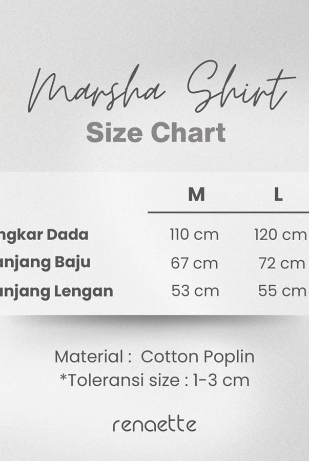 Size chart for a 'Marsha Shirt' by Renaette with measurements in centimeters on a light gray background.